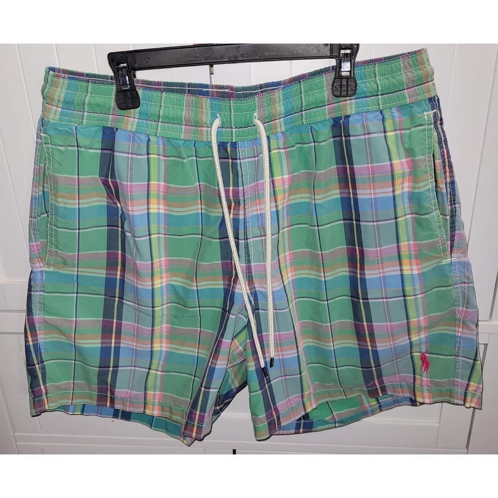 Polo Ralph Lauren Mens Green Plaid Madras Swim Trunks Board Shorts Size Medium